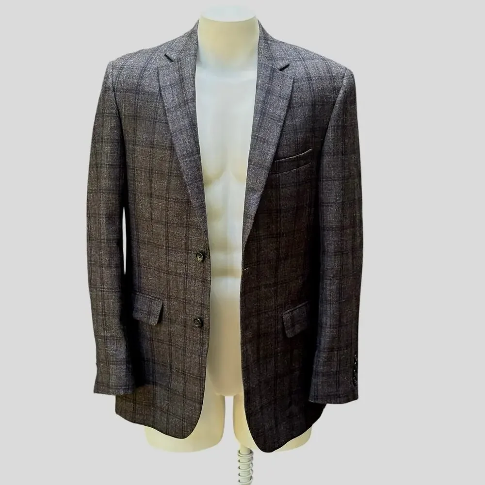 Jos A Bank Sport Coat Sz 42 Long Gray Windowpane Wool Silk Linen Single Breasted